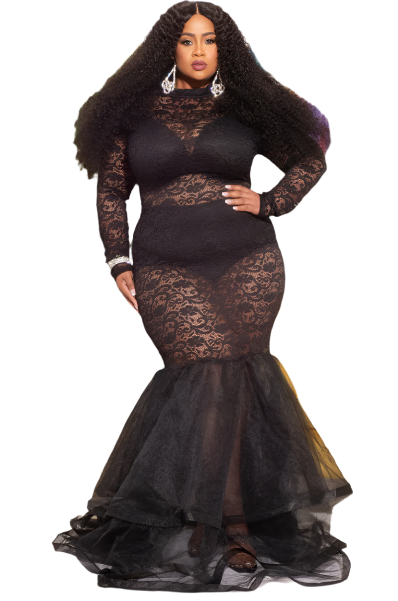 Final Sale Plus Size Full Length Lace Mermaid Gown with Tulle in Black