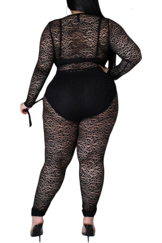 Final Sale Plus Size Long Sleeve Faux Wrap Jumpsuit with Attached Tie in Black Lace