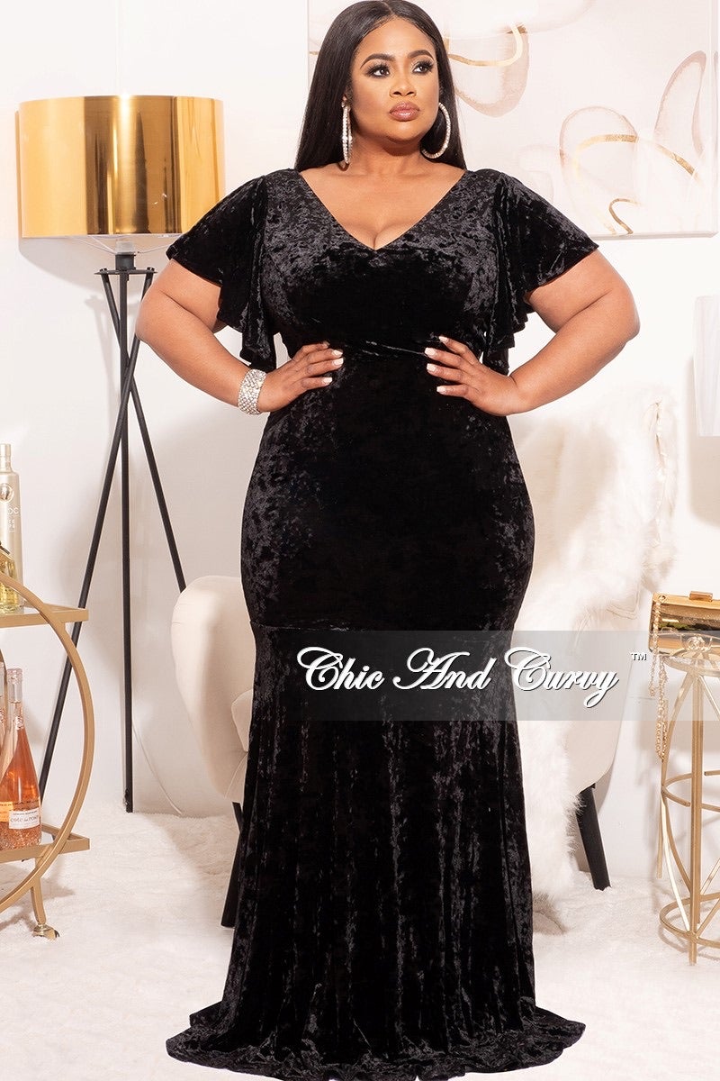 Final Sale Plus Size Faux Wrap Sleeves Gown Velvet in Black – Chic And Curvy
