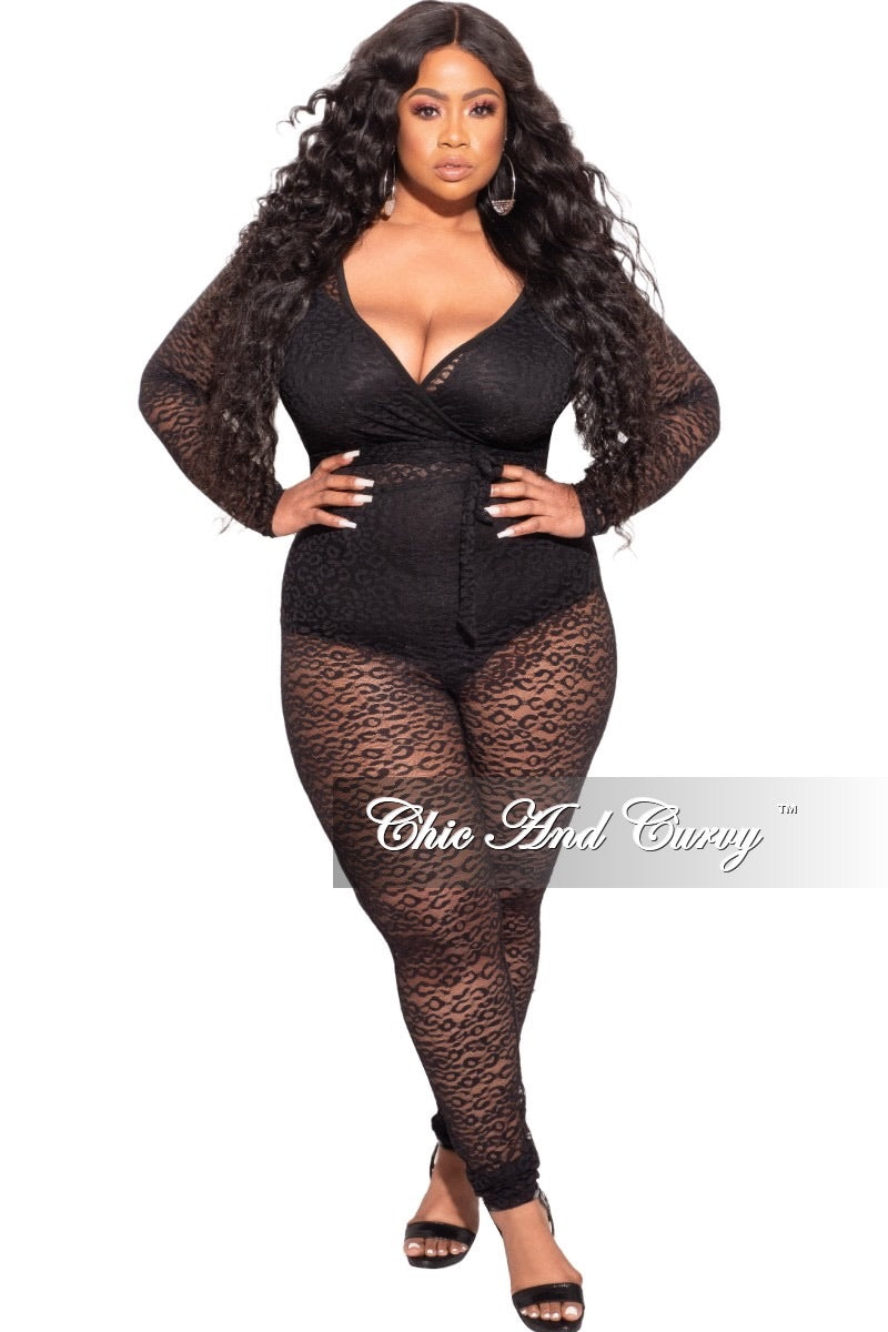 Final Sale Plus Size Long Sleeve Faux Wrap Jumpsuit with Attached Tie in Black Lace