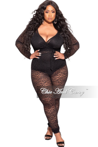 Final Sale Plus Size Long Sleeve Faux Wrap Jumpsuit with Attached Tie in Black Lace