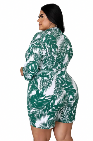 Final Sale Plus Size 2pc Crop Top & Bermuda Short Set in Green Palm Print