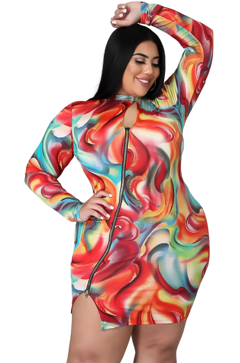 Final Sale Plus Size Mini Dress with Zipper in Multi-Color Print