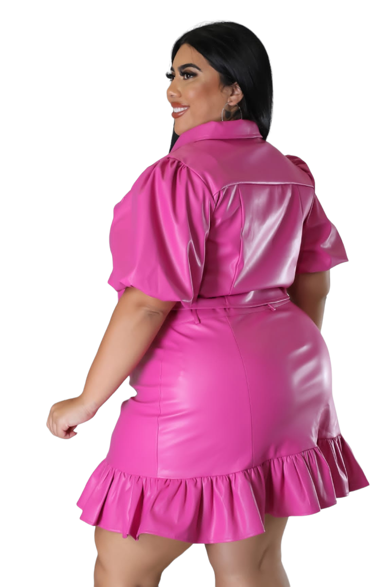 Final Sale Plus Size 2pc Collar Puffy Crown Sleeve Crop Top with Cutouts and Ruffle Skirt Set in Pink Vegan Leather