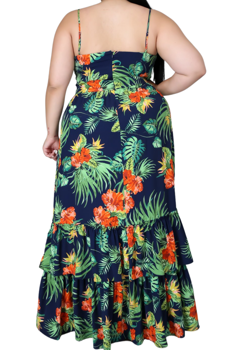 Final Sale Plus Size Tank Maxi Dress in Chiffon in Navy, Green & Orange Print Summer