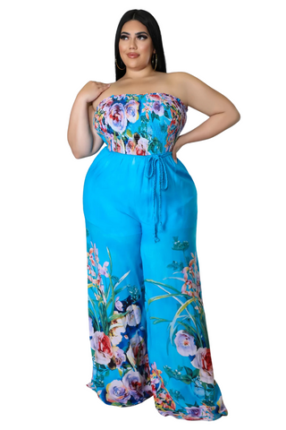 Final Sale Plus Size Jumpsuit with Tie Waist in Turquoise Floral Print