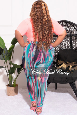 Final Sale Plus Size 2pc Long Sleeve Crop Tie Top and Mesh Pants in Neon Pink Multi Color