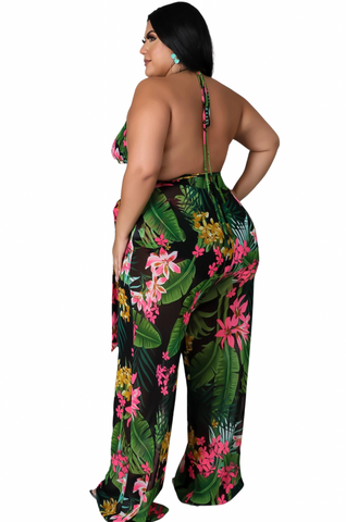 Final Sale Plus Size 3pc Poolside Playsuit (Bikini Top, High Waist Bottoms & Pants) Set in Black & Pink Floral Print Queen