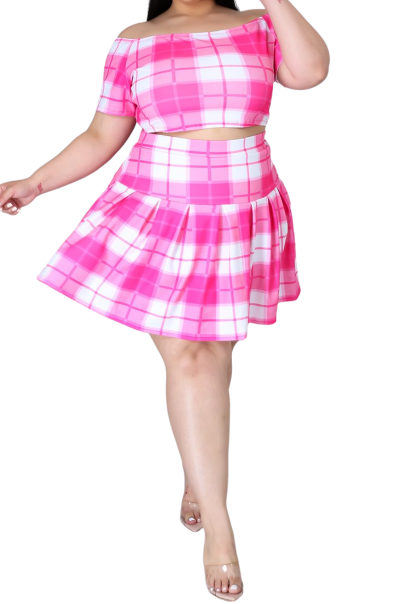Final Sale Plus Size 2pc Set Skirt & Top in Pink Plaid