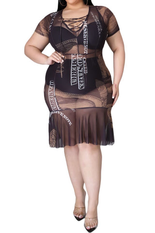 Final Sale Plus Size Lace Up Brown Money Print Sheer Mesh Dress