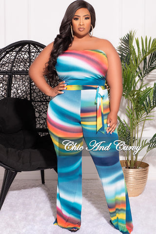 Final Sale Plus Size 2pc Set Tube Top and Belted Pants in Multi-Color Print