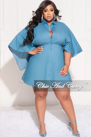 Final Sale Plus Size Collar Button Up Cap Sleeve Dress in Blue