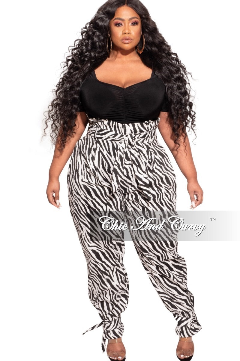 Final Sale Plus Size Paperbag Jogger Pants with Attached Tie in  Black / White Zebra Print