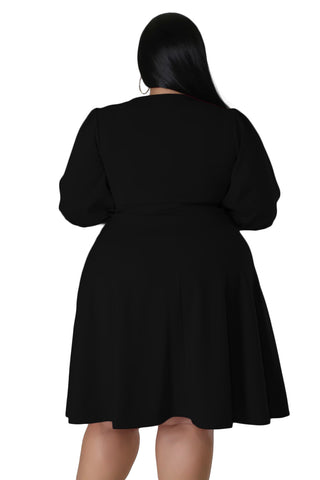 Final Sale Plus Size Faux Wrap Skater Dress in Black