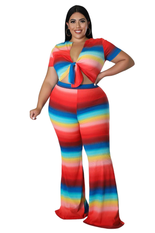 Final Sale Plus Size 2pc Crop Top and Pants Set in Ribbed Rainbow Color