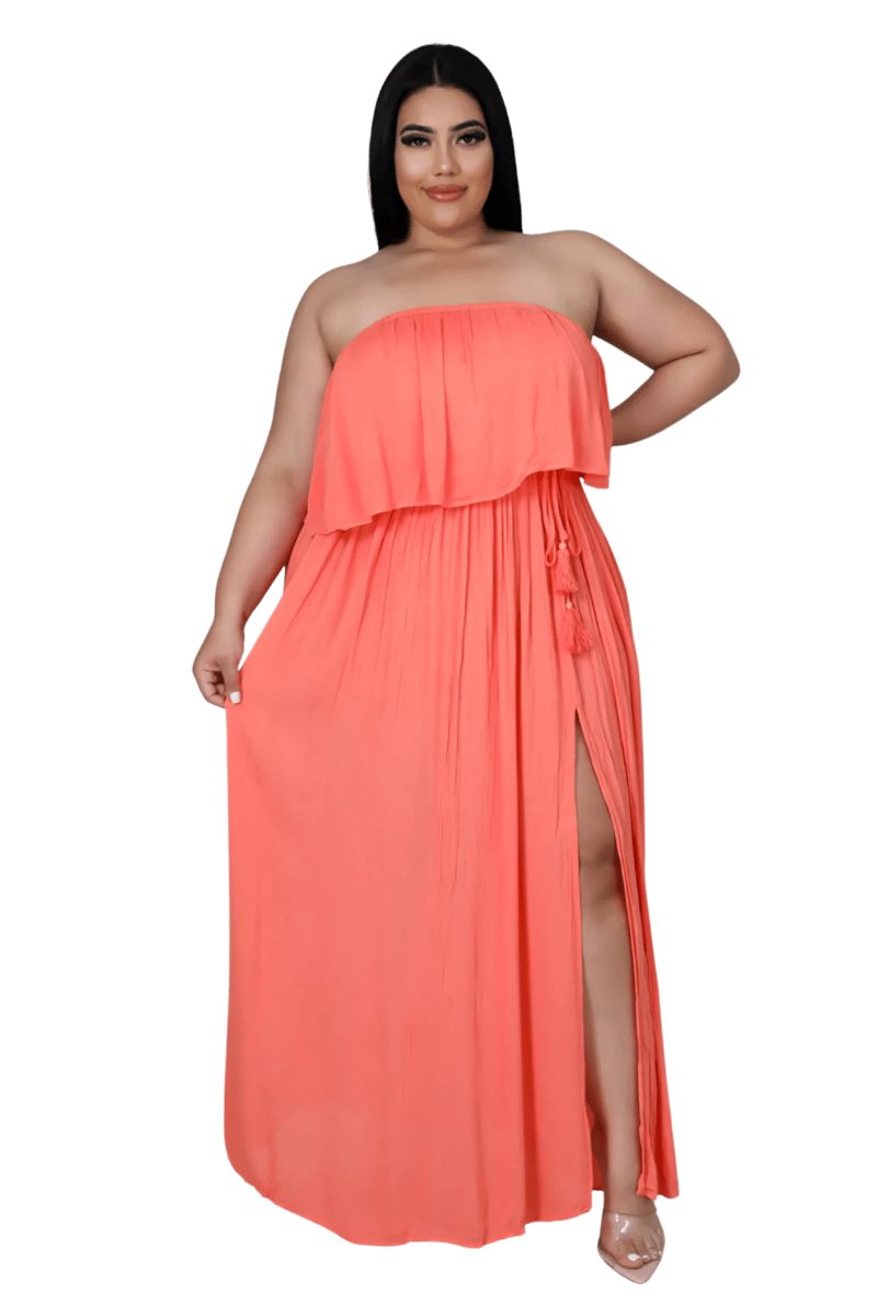 Final Sale Plus Size Strapless Ruffle Dress with Side Slit in Coral