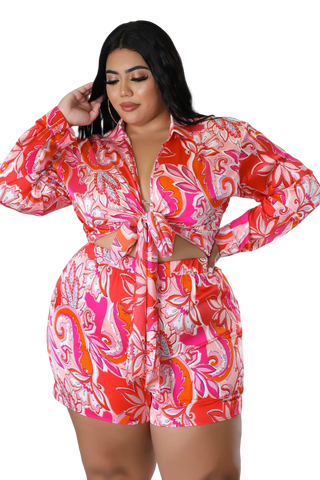 Final Sale Plus Size 2pc Short Set with Tie Crop Top in Pink/Red Print