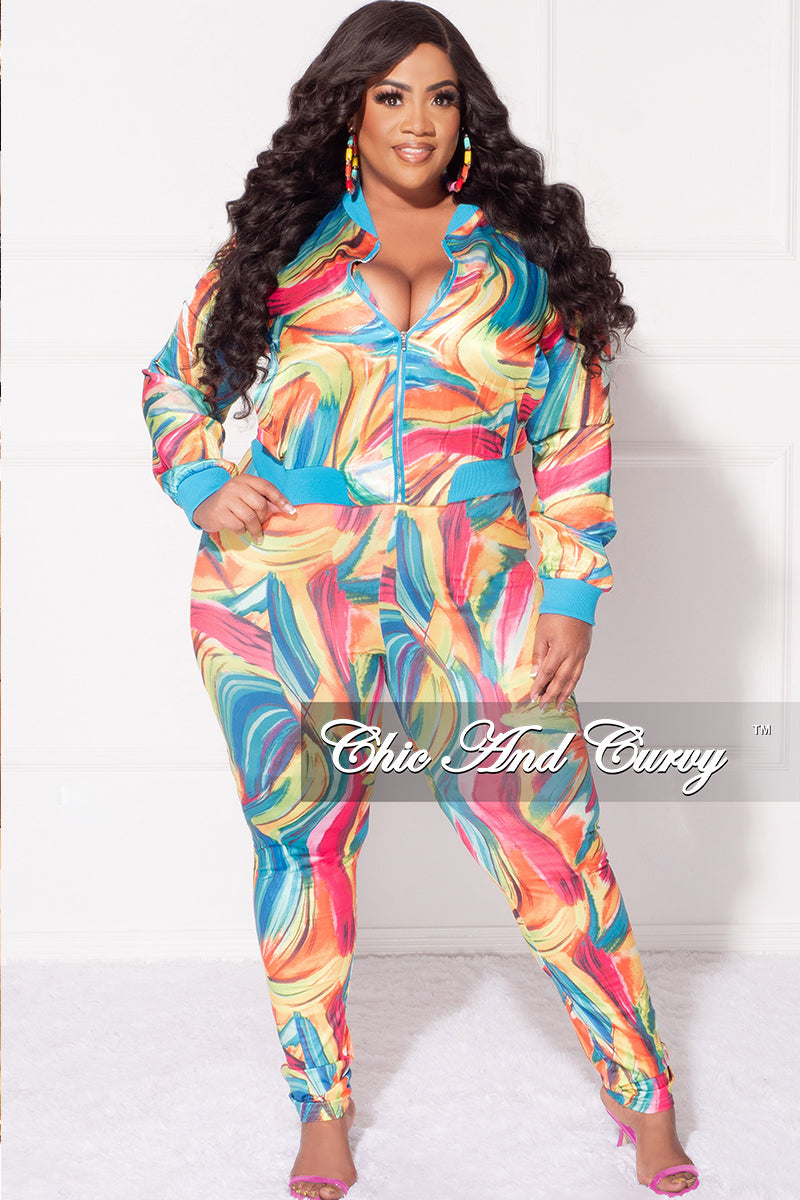 Final Sale Plus Size 2pc Cropped Satin Zip-Up Jacket and Pants Set in Multi Color Swirl Print