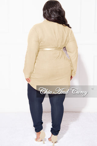 Final Sale Plus Size Collar Button Up Linen Top with Chain Pouch Belt in Tan
