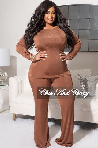 Final Sale Plus Size Ribbed 2pc Long Sleeve Top and Pants Set in Brown Rust