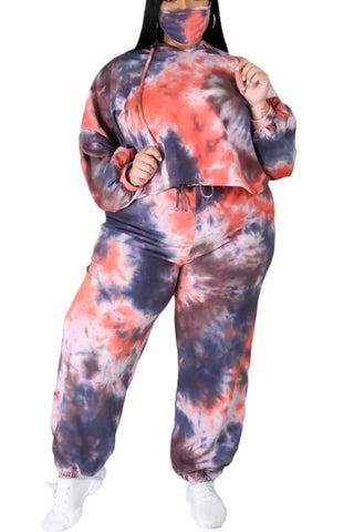 Final Sale Plus Size Long Sleeve Hooded Jogging Set in Navy & Rust Tie Dye