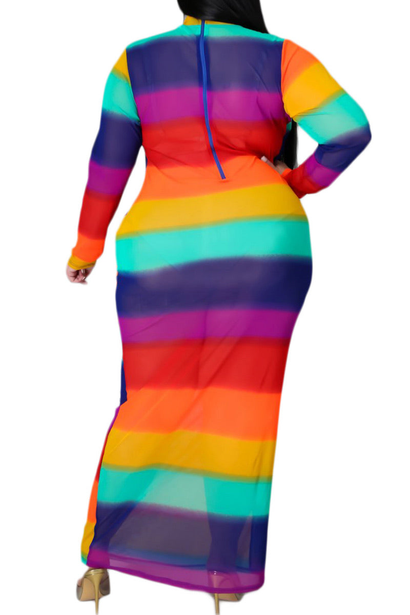 *Final Sale Plus Size Sheer Mesh Bodycon Dress in Rainbow Stripes