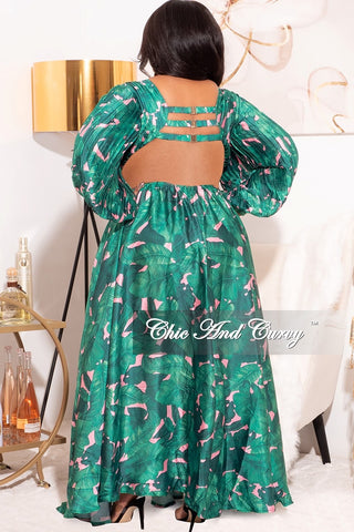 Final Sale Plus Size Playsuit with Open Back & Train in Green/Pink Palm Print