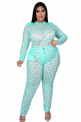 Final Sale Plus Size 2pc Lace Bodysuit & Pants in Aqua