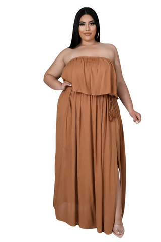 Final Sale Plus Size Strapless Ruffle Dress with Side Slit in Mocha
