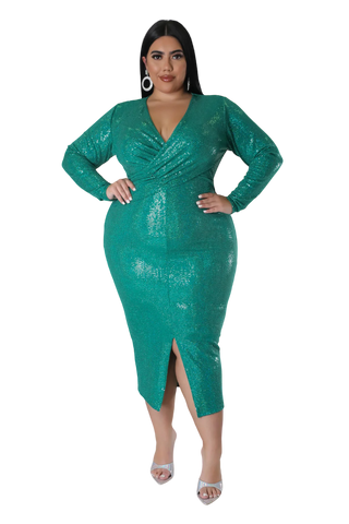 Available Online Only - Final Sale Plus Size Faux Sequin Faux Wrap Bodycon  Dress with Front Slit in Green