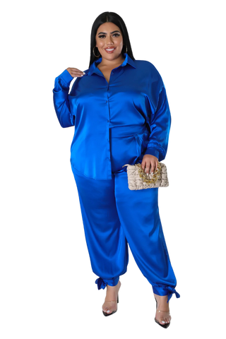 Final Sale Plus Size Satin 3pc Set (Collar Top, Tube Bra and High Waist Pants) in Royal Blue