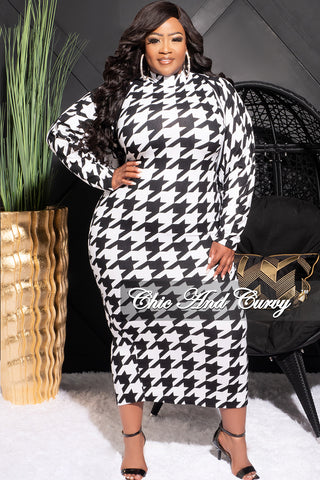 Final Sale Plus Size 2pc Sleeveless Midi Dress with Crop Cardigan Black and White Houndstooth Print