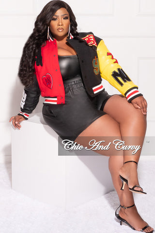 *Final Sale Plus Size Varsity Jacket with Patches in Black Red and Yellow