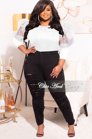 Final Sale Plus Size Ribbed Top with Organza Puffy Sleeves in White