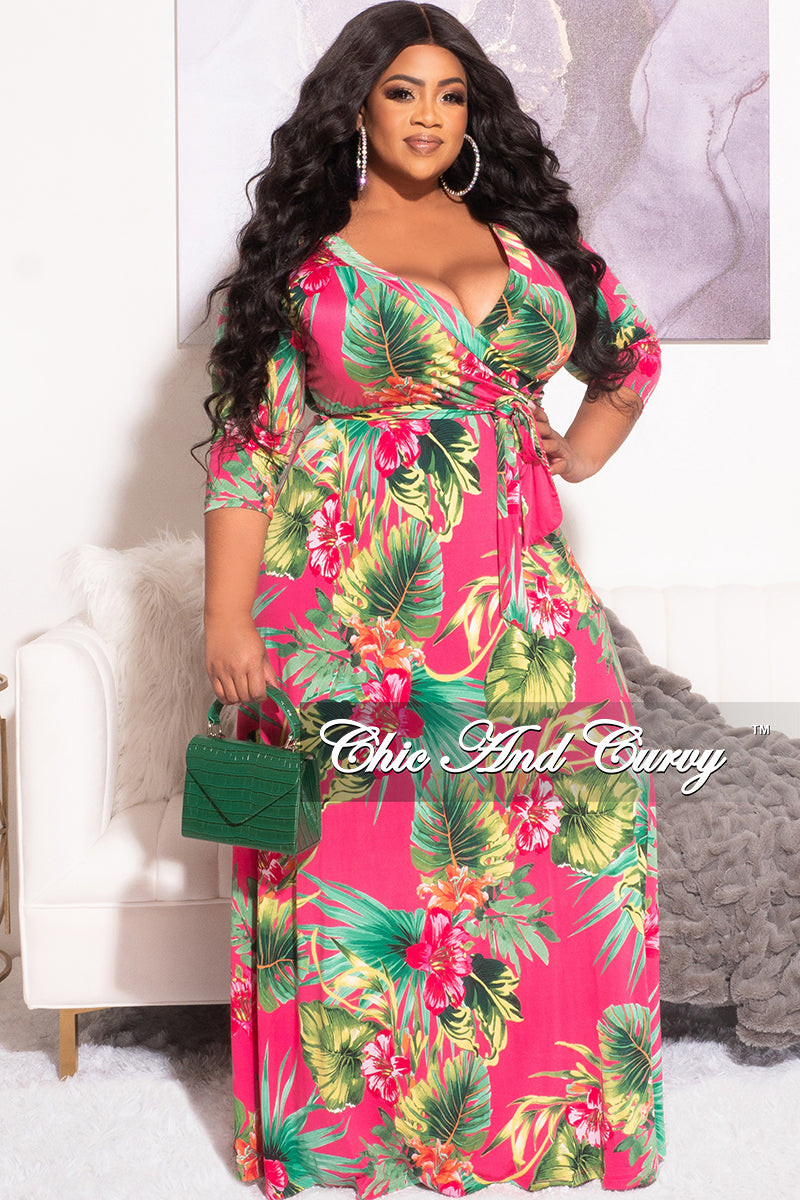 Final Sale Plus Size Faux Wrap Dress in Fuchsia Floral Print Chic And Curvy Final Sale Plus Size Faux Wrap Dress in Fuchsia Floral Print Chic And Curvy