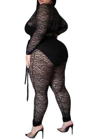 Final Sale Plus Size Long Sleeve Faux Wrap Jumpsuit with Attached Tie in Black Lace