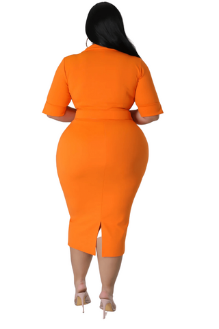 Final Sale Plus Size Collar Faux Wrap Belted BodyCon Dress in Orange