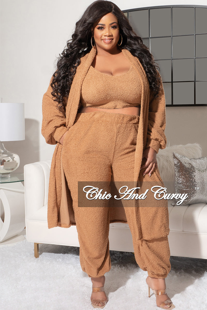 Final Sale Plus Size 3pc Fleece Cardigan, Crop Tank Top and Pants Set in Camel