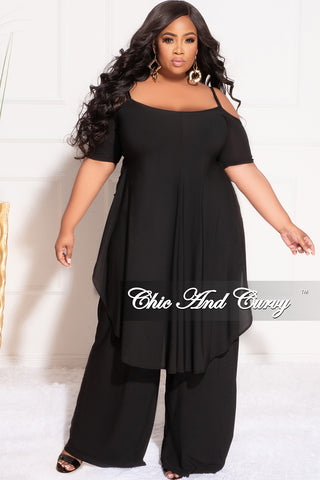 Final Sale Plus Size 2pc Cold Shoulder High low Top and Wide Leg Pants in Black