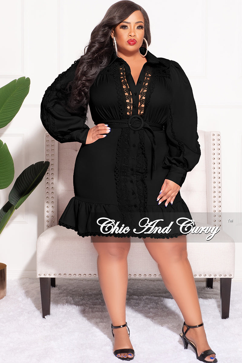 Final Sale Plus Size Collar Button Up Dress with Ruffle Bottom in Black