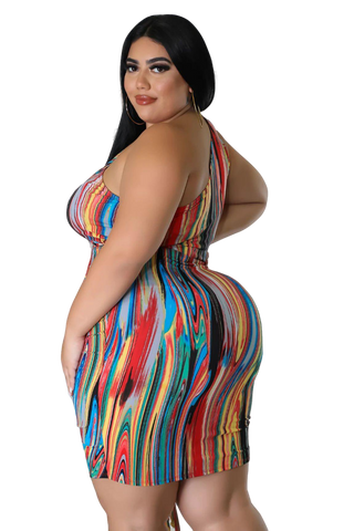 Final Sale Plus Size One Shoulder Bodycon Dress in Multi-Color Print