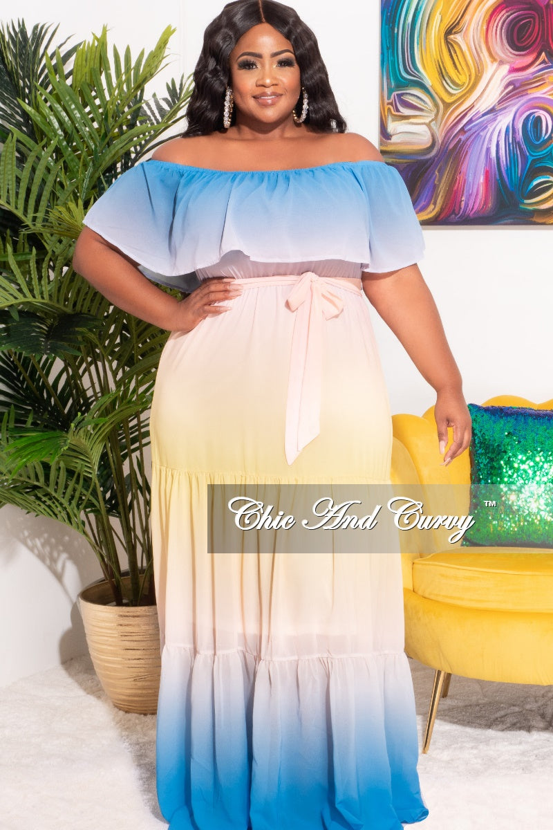 *Final Sale Plus Size Off The Shoulder Chiffon Maxi Dress in Yellow, Blue & Peach Ombre Summer