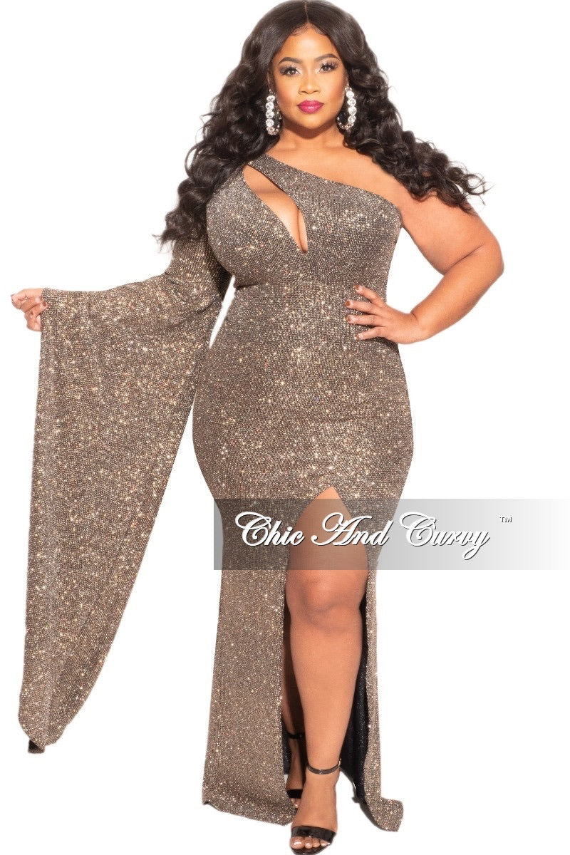Final Sale Plus Size Glitter Long Sleeve Cut Out Gown with Side Slit in Gold