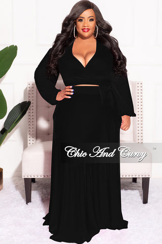 Final Sale Plus Size 2pc Long Sleeve Crop Tie Top and Skirt Set in Black