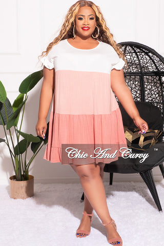 Final Sale Plus Size Flounce Sleeve Tiered Dress in White Salmon and Coral