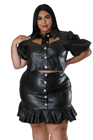 Final Sale Plus Size 2pc Collar Puffy Crown Sleeve Crop Top with Cutouts and Ruffle Skirt Set in Black Vegan Leather