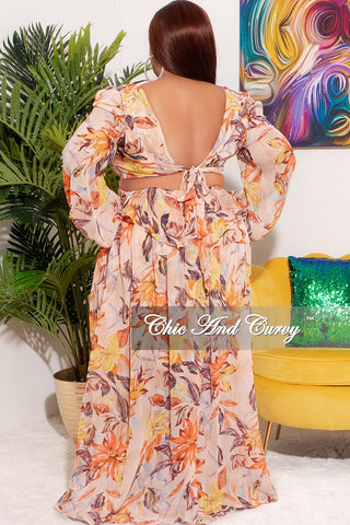 Final Sale Plus Size Maxi Dress with Side Cut Outs & Self Tie Back in Peach Floral Print