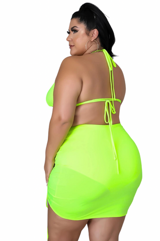 Final Sale Plus Size 3pc Set Bikini Top, Briefs & Ruched Skirt in Neon Green Summer