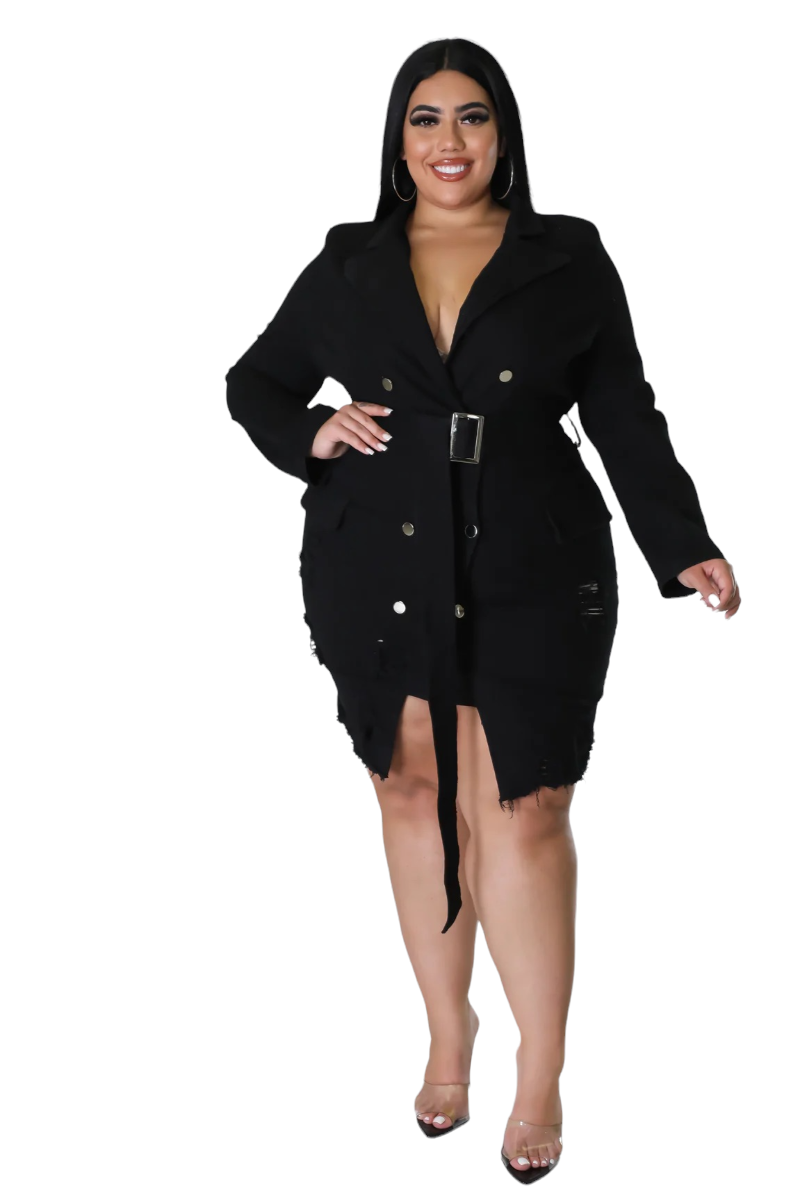 Final Sale Plus Size Collar Button Up Distress Dress in Black