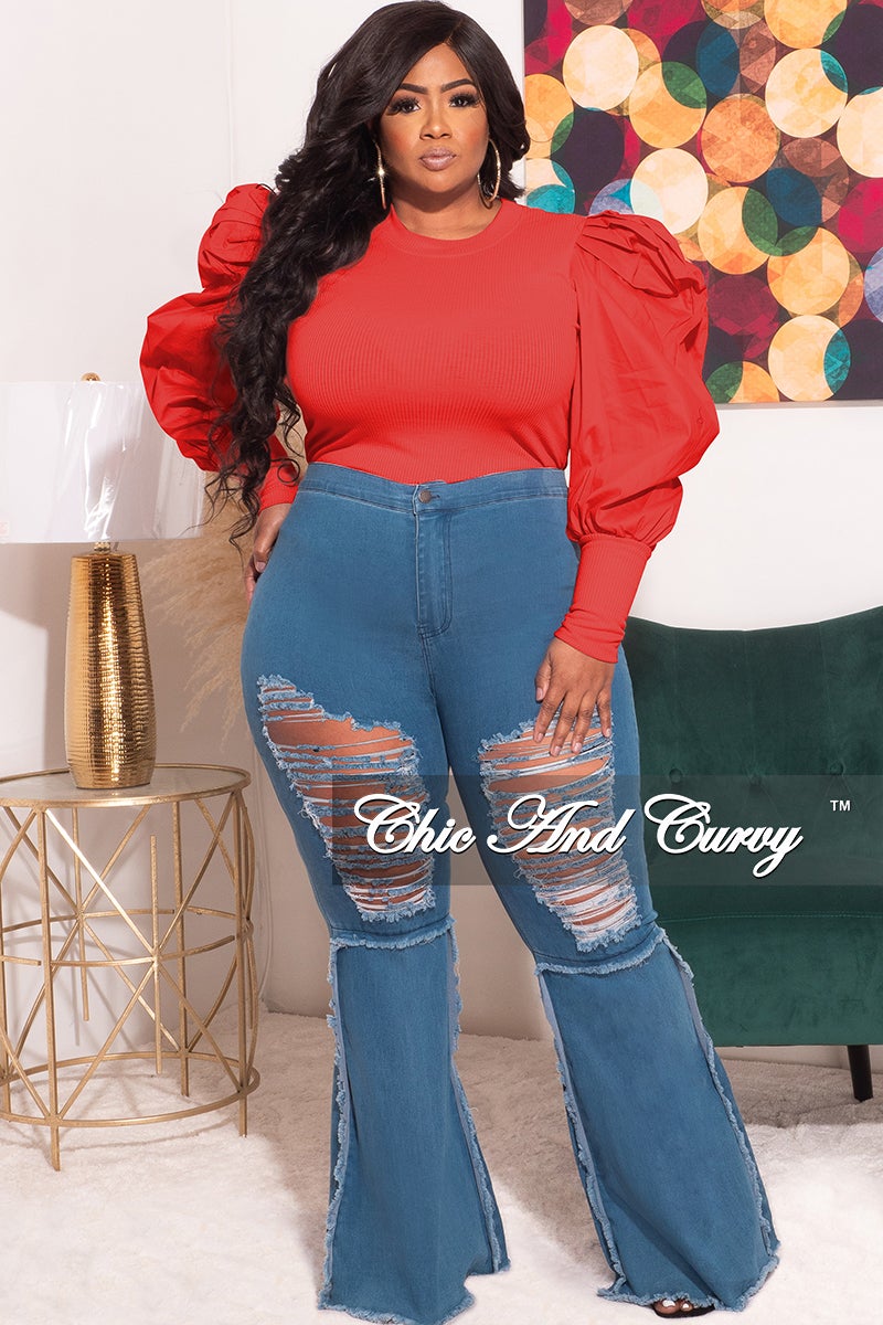 Final Sale Plus Size Ribbed Ruffled Peasant Sleeves Top in Red